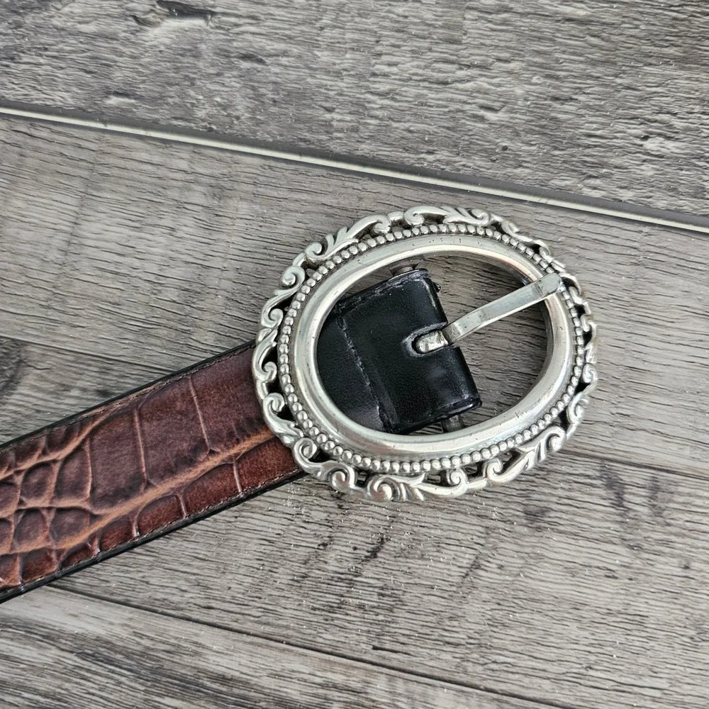 Reversible Brown Croc Embossed & Black Leather Belt Western Boho Silver Buckle - Picture 5 of 9